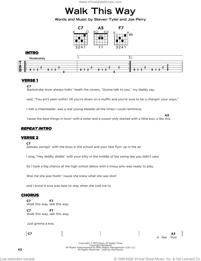 Walk This Way sheet music for guitar solo by Aerosmith, Joe Perry and Steven Tyler, beginner skill level
