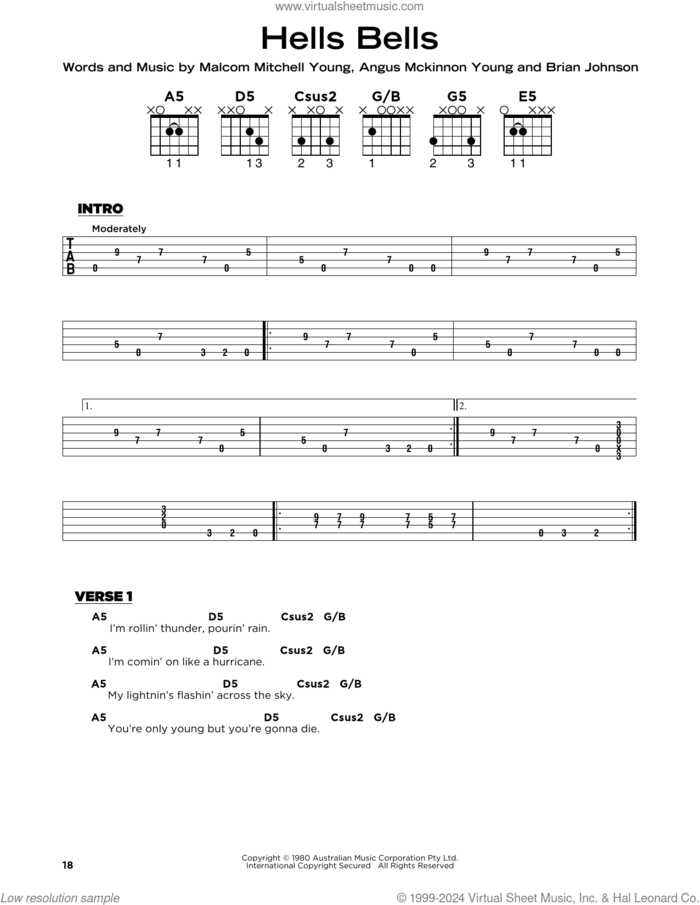 Hells Bells sheet music for guitar solo by AC/DC, Angus Mckinnon Young, Brian Johnson and Malcolm Mitchell Young, beginner skill level