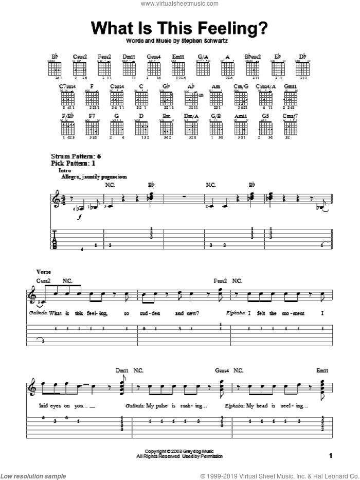 What Is This Feeling? (from Wicked) sheet music for guitar solo (easy tablature) by Stephen Schwartz and Wicked (Musical), easy guitar (easy tablature)