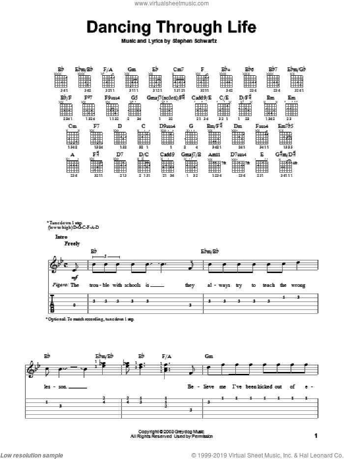 Dancing Through Life (from Wicked) sheet music for guitar solo (easy tablature) by Stephen Schwartz and Wicked (Musical), easy guitar (easy tablature)
