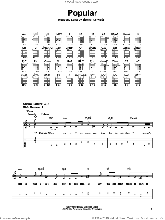 Popular (from Wicked) sheet music for guitar solo (easy tablature) by Stephen Schwartz and Wicked (Musical), easy guitar (easy tablature)
