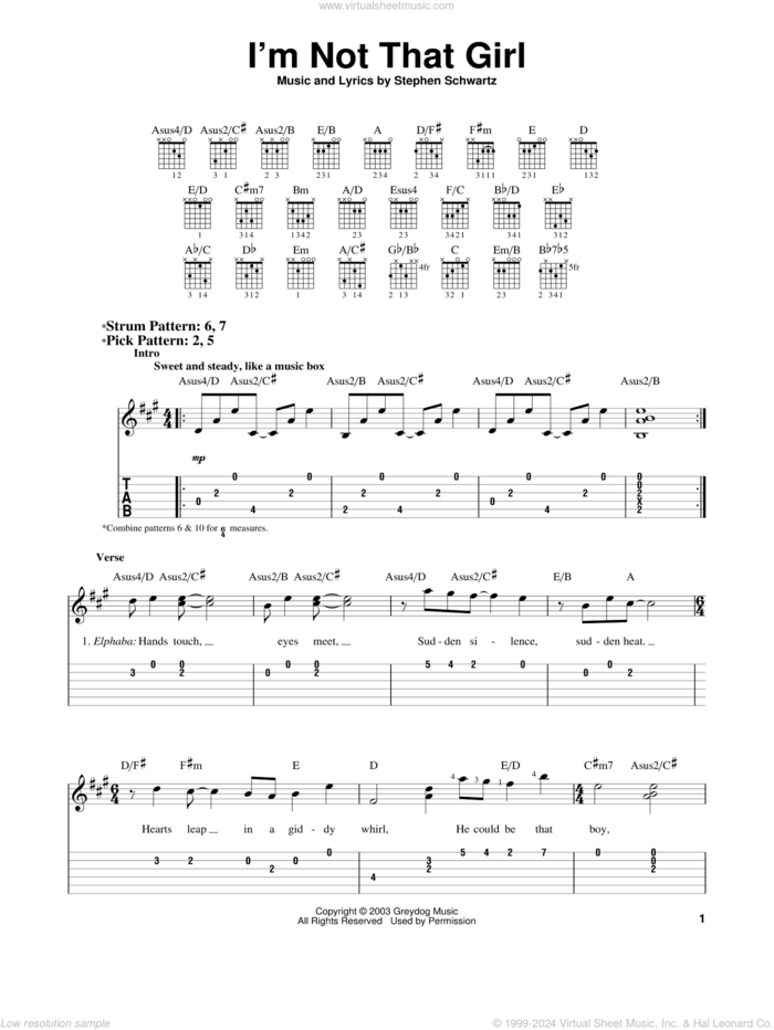 I'm Not That Girl (from Wicked) sheet music for guitar solo (easy tablature) by Stephen Schwartz and Wicked (Musical), easy guitar (easy tablature)