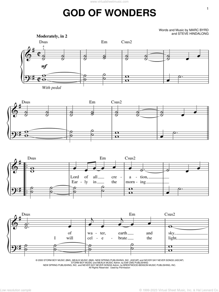 God Of Wonders sheet music for piano solo by Marc Byrd and Steve Hindalong, easy skill level
