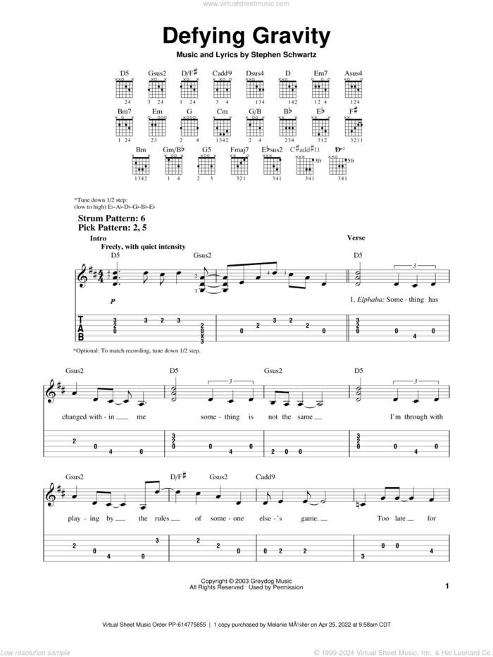 Defying Gravity (from Wicked) sheet music for guitar solo (easy tablature) by Stephen Schwartz and Wicked (Musical), easy guitar (easy tablature)