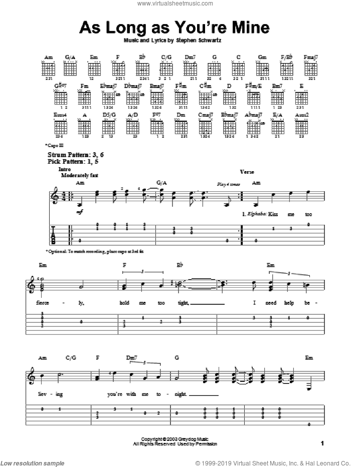 As Long As You're Mine (from Wicked) sheet music for guitar solo (easy tablature) by Stephen Schwartz and Wicked (Musical), easy guitar (easy tablature)