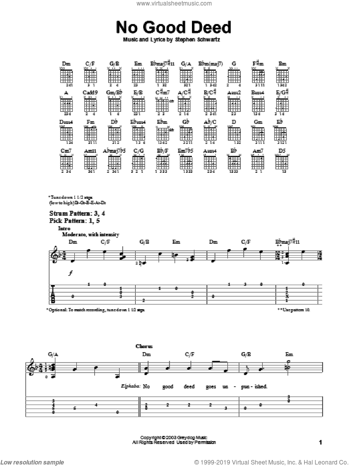 No Good Deed (from Wicked) sheet music for guitar solo (easy tablature) by Stephen Schwartz and Wicked (Musical), easy guitar (easy tablature)