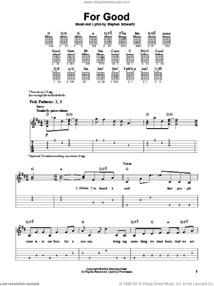 For Good (from Wicked) sheet music for guitar solo (easy tablature) by Stephen Schwartz and Wicked (Musical), easy guitar (easy tablature)