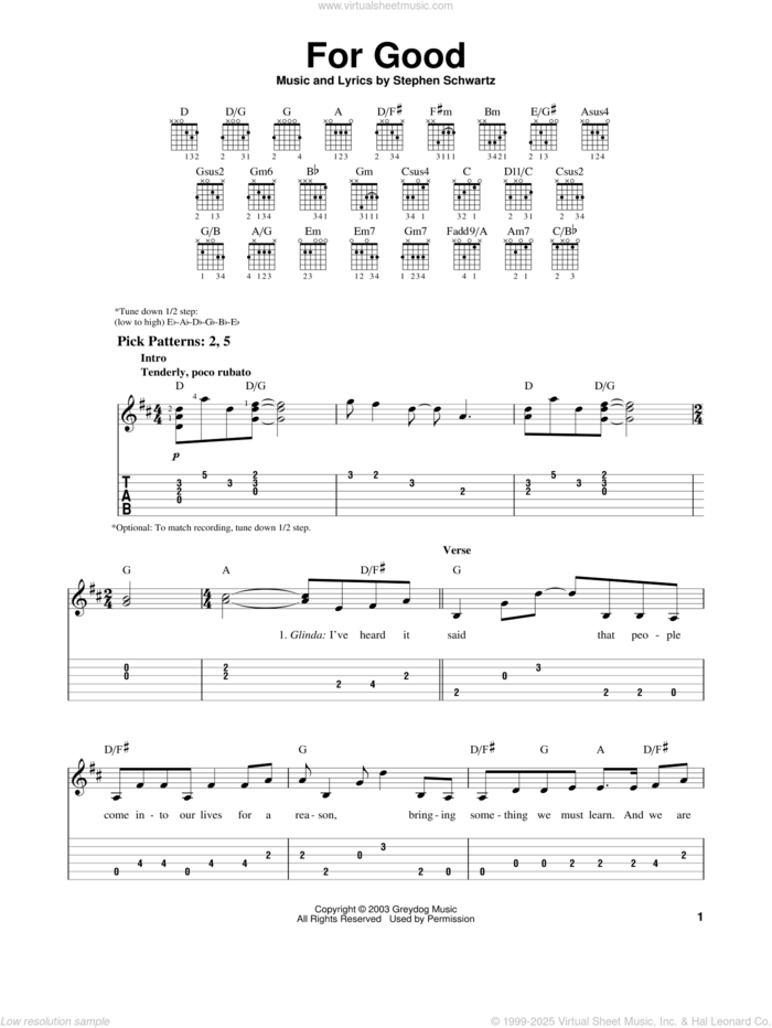 For Good (from Wicked) sheet music for guitar solo (easy tablature) by Stephen Schwartz and Wicked (Musical), easy guitar (easy tablature)