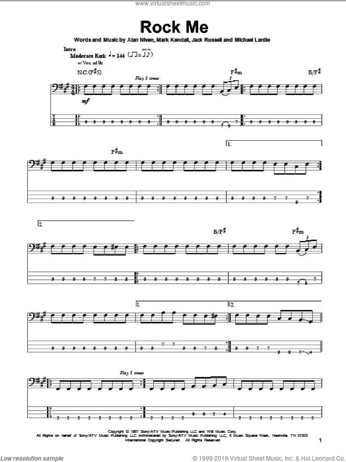 Rock Me sheet music for bass (tablature) (bass guitar) by Great White, Alan Niven, Jack Russell, Mark Kendall and Michael Lardie, intermediate skill level