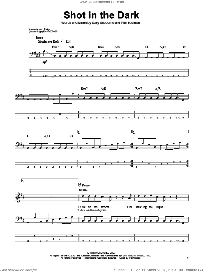 Shot In The Dark sheet music for bass (tablature) (bass guitar) by Ozzy Osbourne and Phil Soussan, intermediate skill level