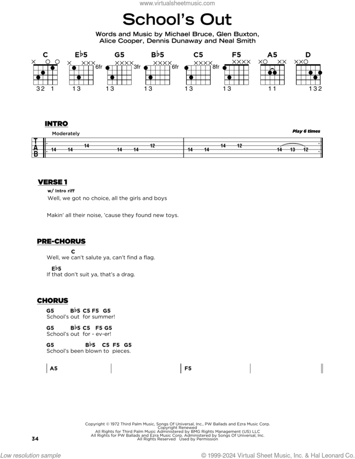 School's Out sheet music for guitar solo by Alice Cooper, Dennis Dunaway, Glen Buxton, Michael Bruce and Neal Smith, beginner skill level