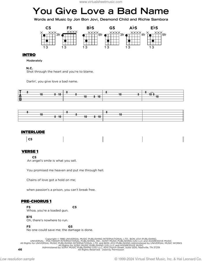 You Give Love A Bad Name sheet music for guitar solo by Bon Jovi, Desmond Child and Richie Sambora, beginner skill level