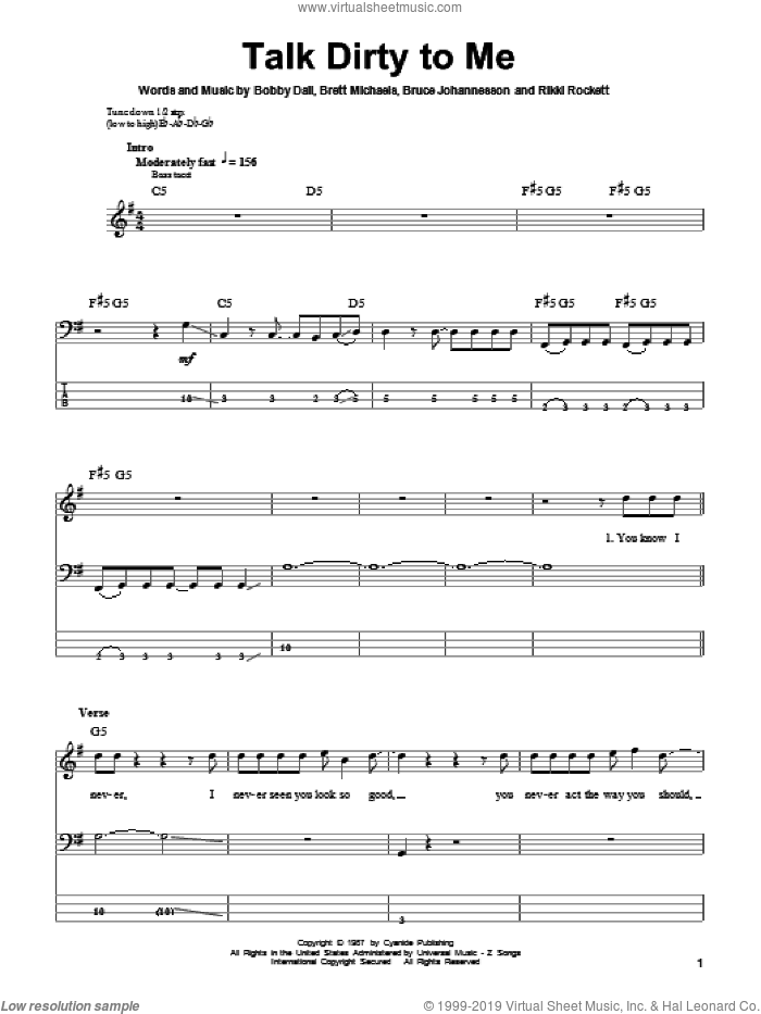 Talk Dirty To Me sheet music for bass (tablature) (bass guitar) by Poison, Bobby Dall, Brett Michaels, Bruce Anthony Johannesson and Rikki Rockett, intermediate skill level