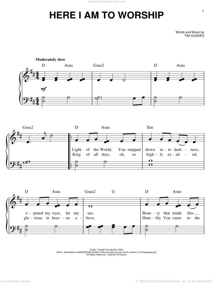 Here I Am To Worship sheet music for piano solo by Phillips, Craig & Dean and Tim Hughes, easy skill level