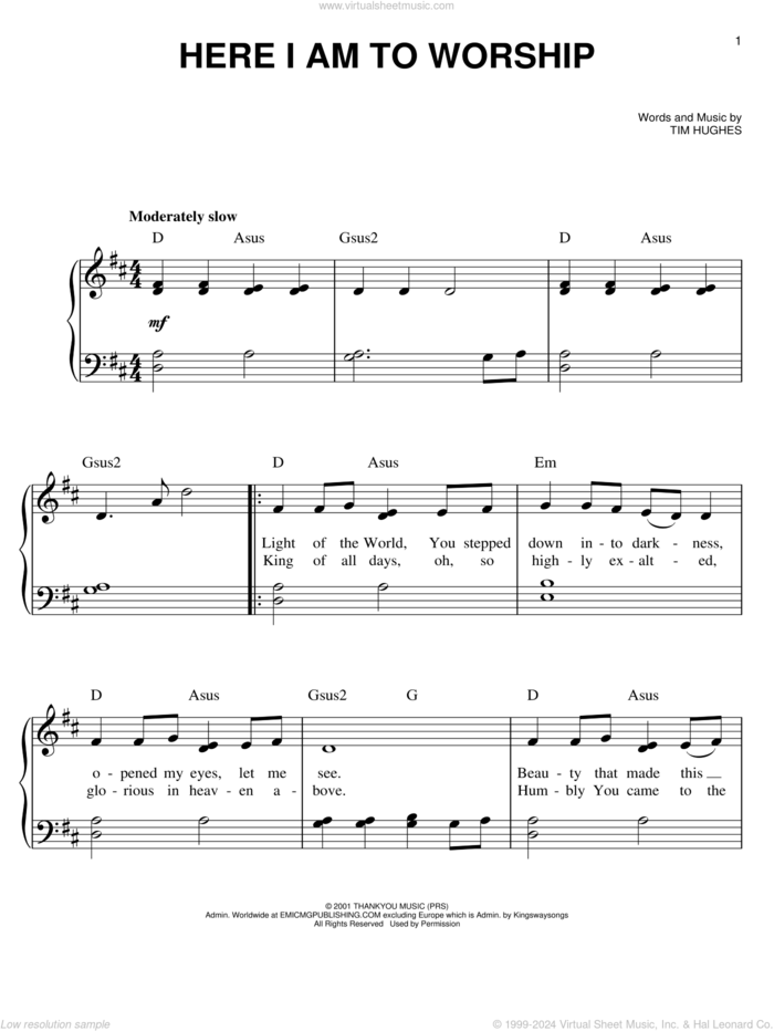 Here I Am To Worship sheet music for piano solo by Phillips, Craig & Dean and Tim Hughes, easy skill level