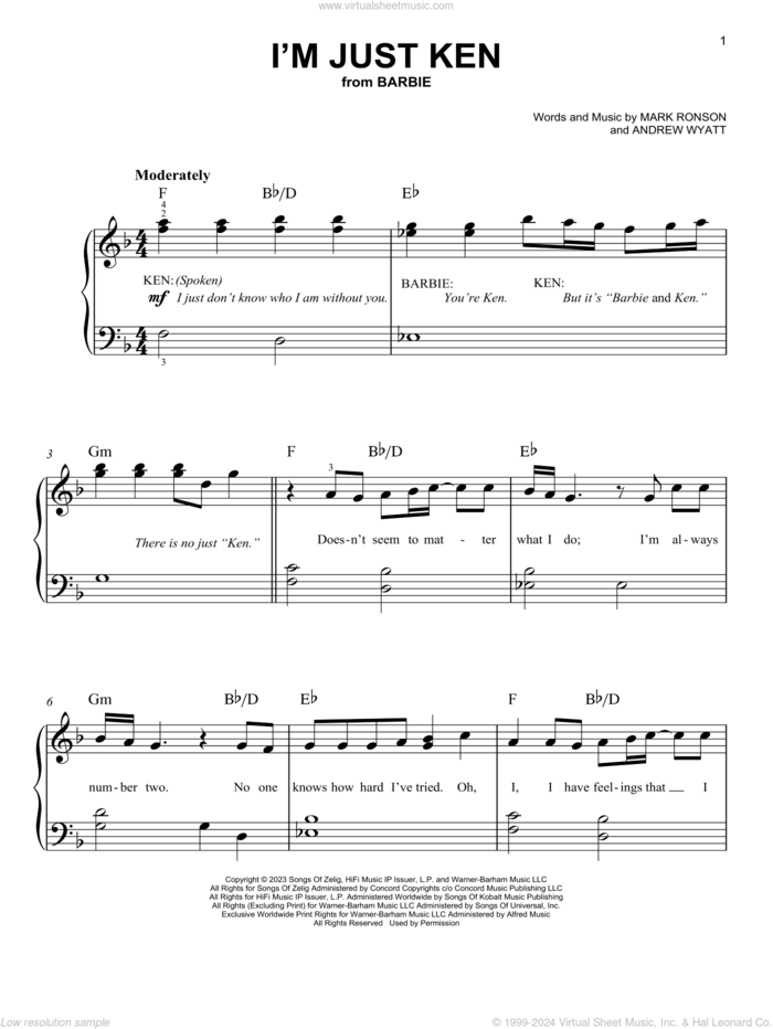 I'm Just Ken (from Barbie) sheet music for piano solo by Ryan Gosling, Andrew Wyatt and Mark Ronson, easy skill level