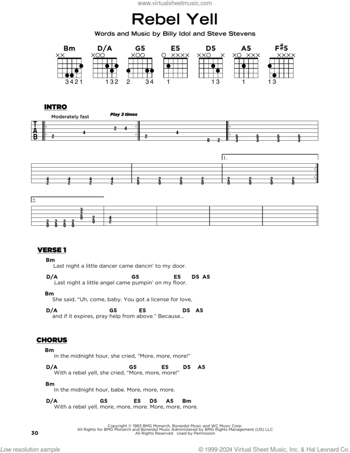 Rebel Yell sheet music for guitar solo by Billy Idol and Steve Stevens, beginner skill level