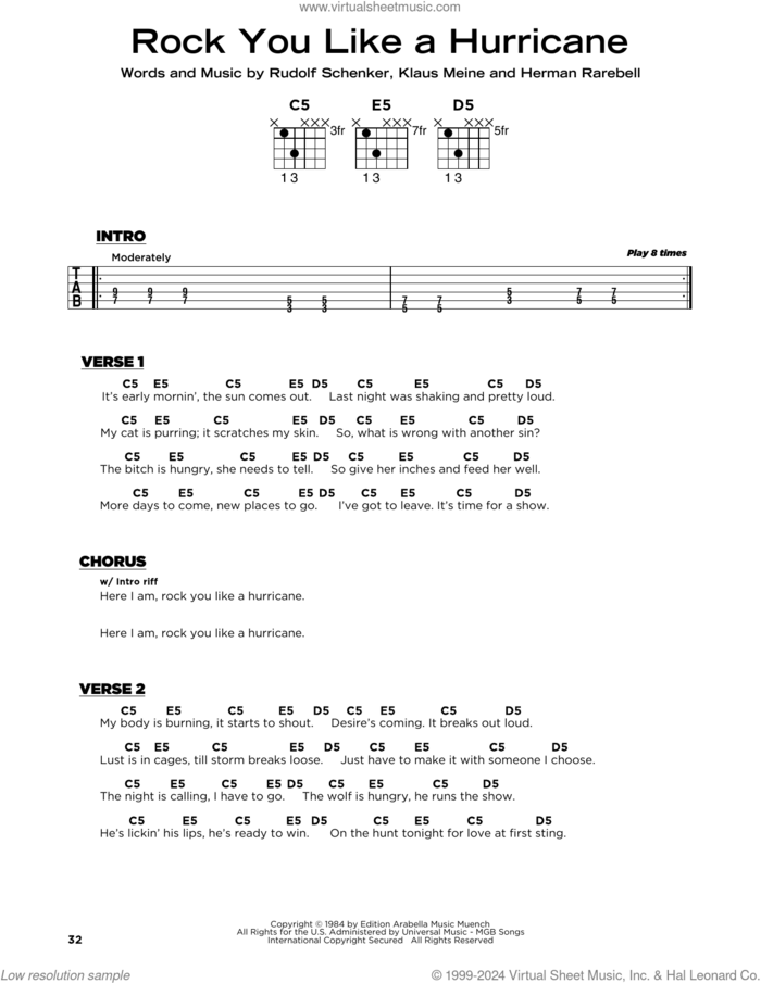 Rock You Like A Hurricane sheet music for guitar solo by Scorpions, Herman Rarebell, Klaus Meine and Rudolf Schenker, beginner skill level