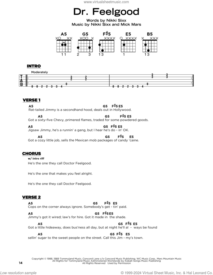 Dr. Feelgood sheet music for guitar solo by Motley Crue, Mick Mars and Nikki Sixx, beginner skill level