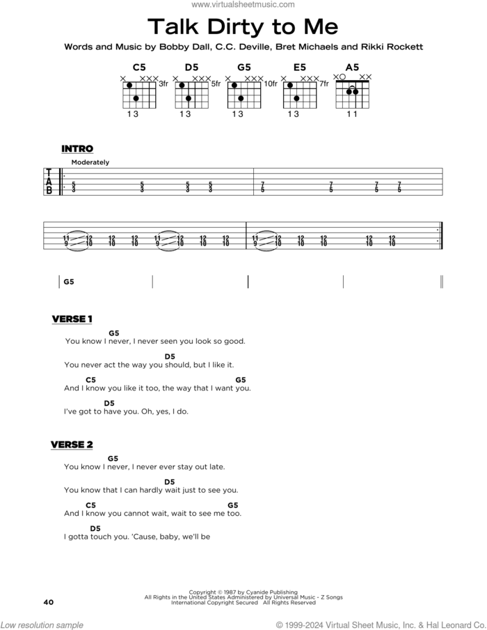 Talk Dirty To Me sheet music for guitar solo by Poison, Bobby Dall, Bret Michaels, C.C. Deville and Rikki Rockett, beginner skill level