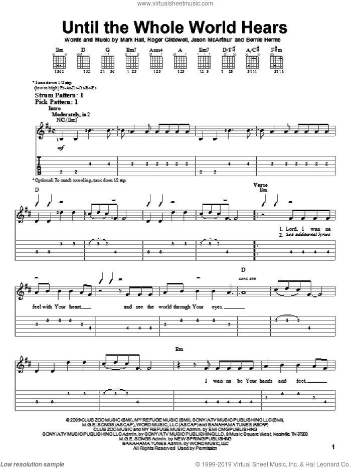 Until The Whole World Hears sheet music for guitar solo (easy tablature) by Casting Crowns, Bernie Herms, Jason McArthur, Mark Hall and Roger Glidewell, easy guitar (easy tablature)