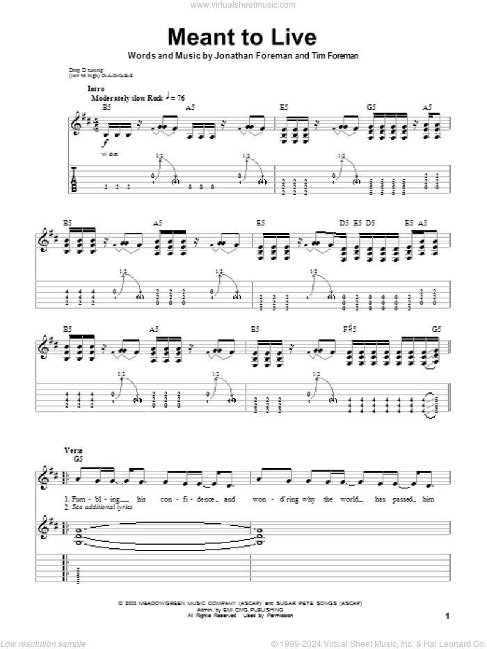 Meant To Live sheet music for guitar (tablature, play-along) by Switchfoot, Jonathan Foreman and Tim Foreman, intermediate skill level