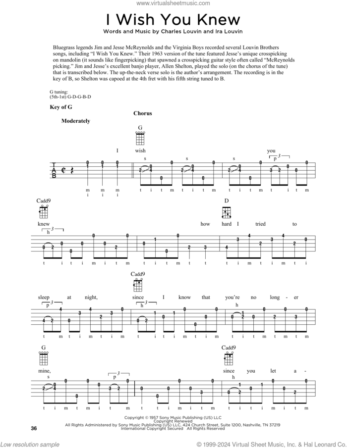 I Wish You Knew sheet music for banjo solo by The Louvin Brothers, Fred Sokolow, Charles Louvin and Ira Louvin, intermediate skill level