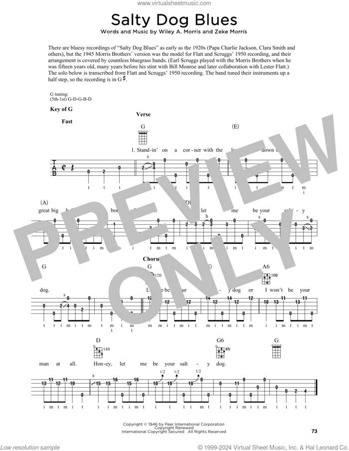 Salty Dog Blues sheet music for banjo solo by Zeke Morris, Fred Sokolow and Wiley A. Morris, intermediate skill level