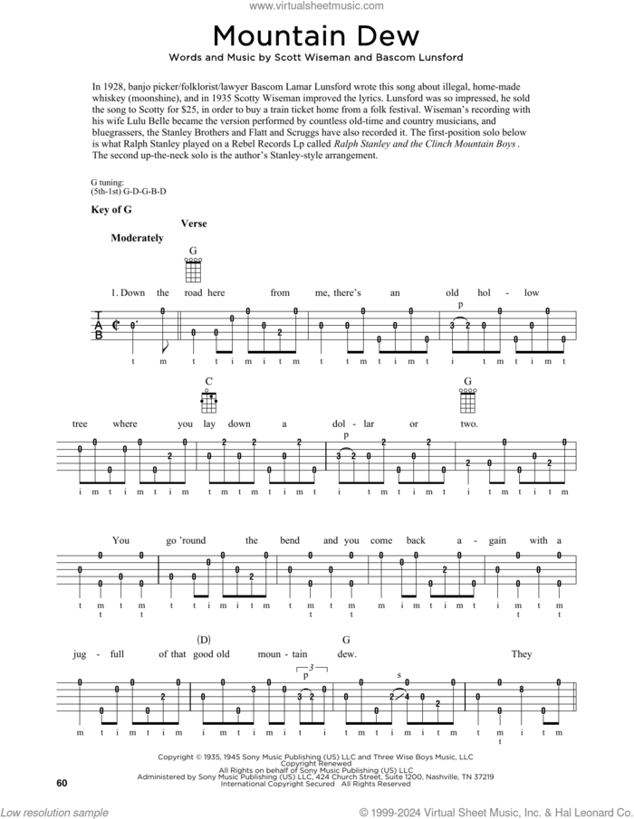 Mountain Dew sheet music for banjo solo by Scott Wiseman, Fred Sokolow and Bascom Lunsford, intermediate skill level