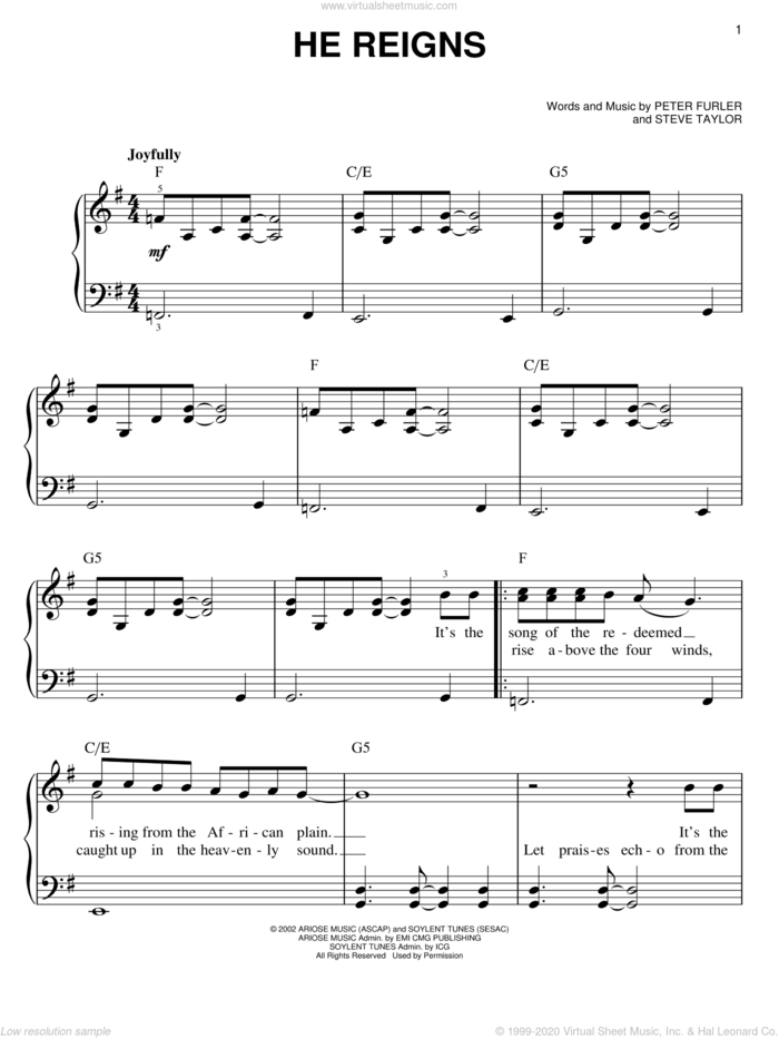 He Reigns sheet music for piano solo by Newsboys, Peter Furler and Steve Taylor, easy skill level
