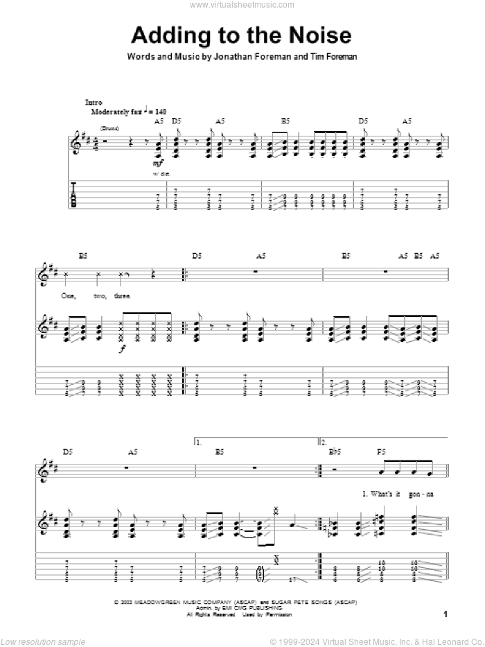 Adding To The Noise sheet music for guitar (tablature, play-along) by Switchfoot, Jonathan Foreman and Tim Foreman, intermediate skill level
