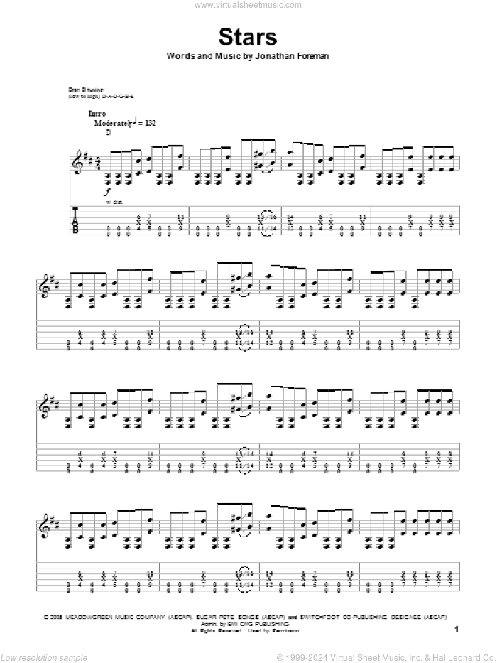 Stars sheet music for guitar (tablature, play-along) by Switchfoot and Jonathan Foreman, intermediate skill level
