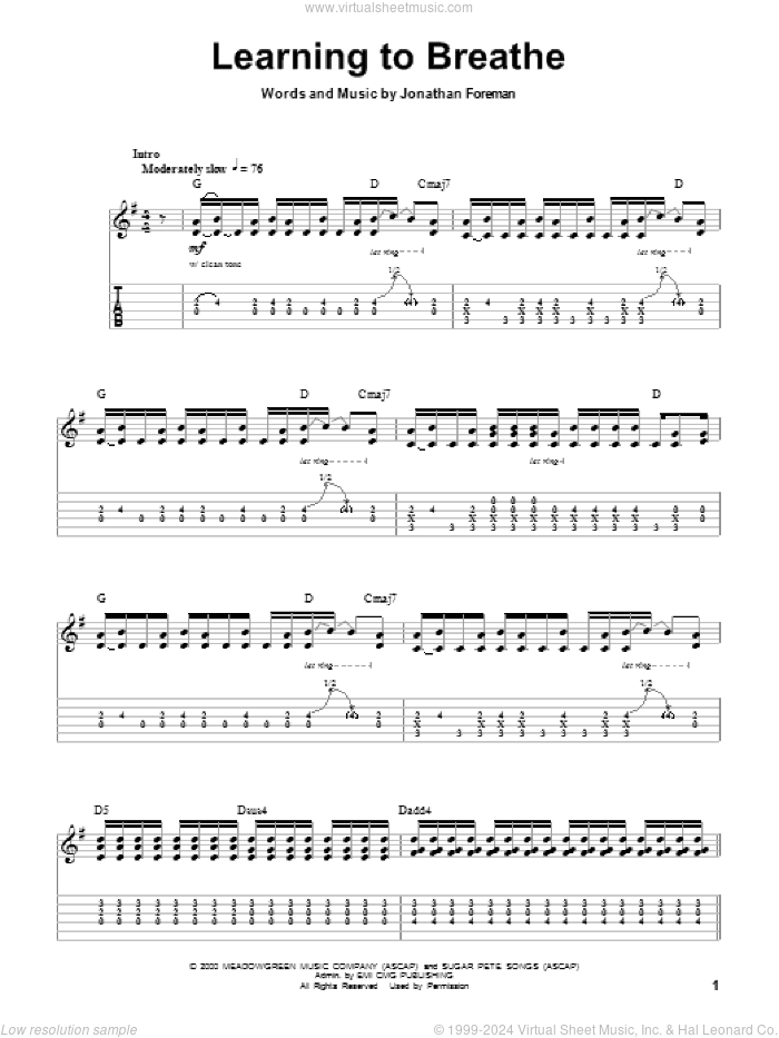 Learning To Breathe sheet music for guitar (tablature, play-along) by Switchfoot and Jonathan Foreman, intermediate skill level