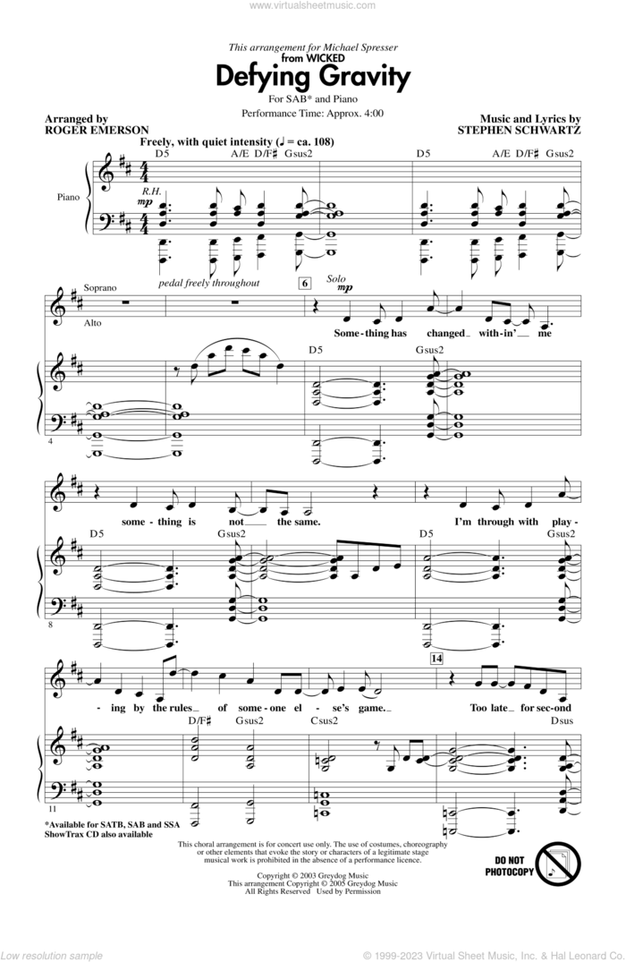 Defying Gravity (from Wicked) (arr. Roger Emerson) sheet music for choir (SAB: soprano, alto, bass) by Stephen Schwartz and Roger Emerson, intermediate skill level