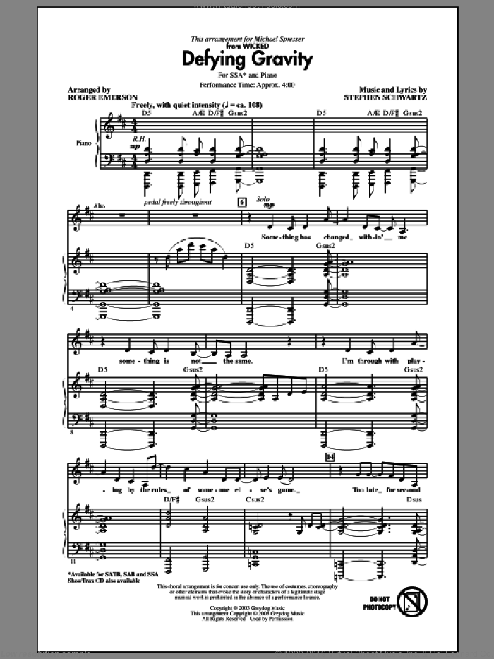 Defying Gravity (from Wicked) (arr. Roger Emerson) sheet music for choir (SSA: soprano, alto) by Stephen Schwartz and Roger Emerson, intermediate skill level
