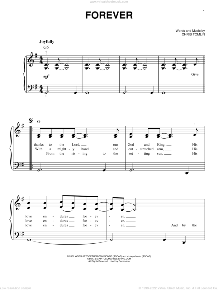 Forever sheet music for piano solo by Chris Tomlin, easy skill level