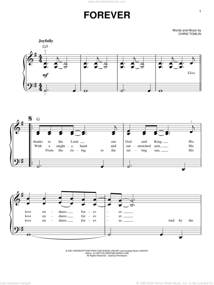 Forever, (easy) sheet music for piano solo by Chris Tomlin, easy skill level