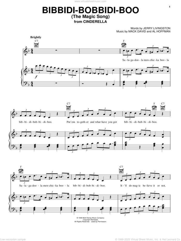 Bibbidi-Bobbidi-Boo (The Magic Song) (from Cinderella) sheet music for voice, piano or guitar by Louis Armstrong, Bobby McFerrin, Verna Felton, Al Hoffman, Jerry Livingston and Mack David, intermediate skill level