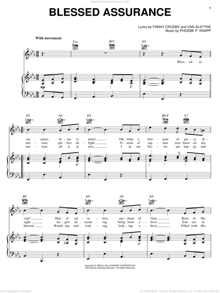 Blessed Assurance sheet music for voice, piano or guitar by Fanny J. Crosby, Michael English and Phoebe Palmer Knapp, intermediate skill level
