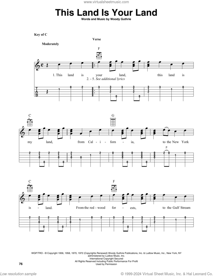 This Land Is Your Land (arr. Fred Sokolow) sheet music for banjo solo by Woody Guthrie and Fred Sokolow, intermediate skill level