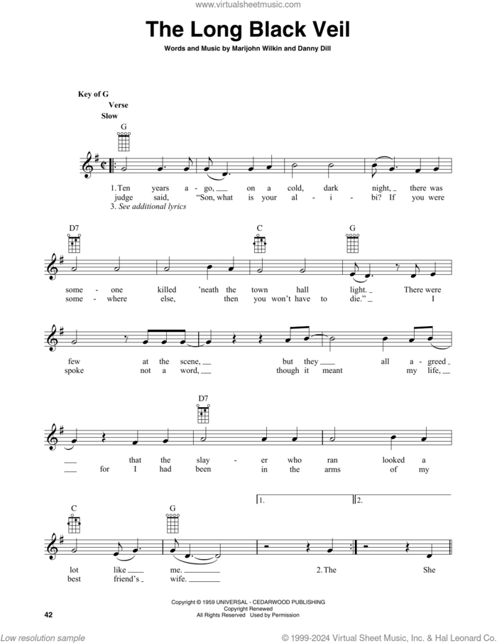 The Long Black Veil (arr. Fred Sokolow) sheet music for banjo solo by Lefty Frizzell, Fred Sokolow, Danny Dill and Marijohn Wilkin, intermediate skill level
