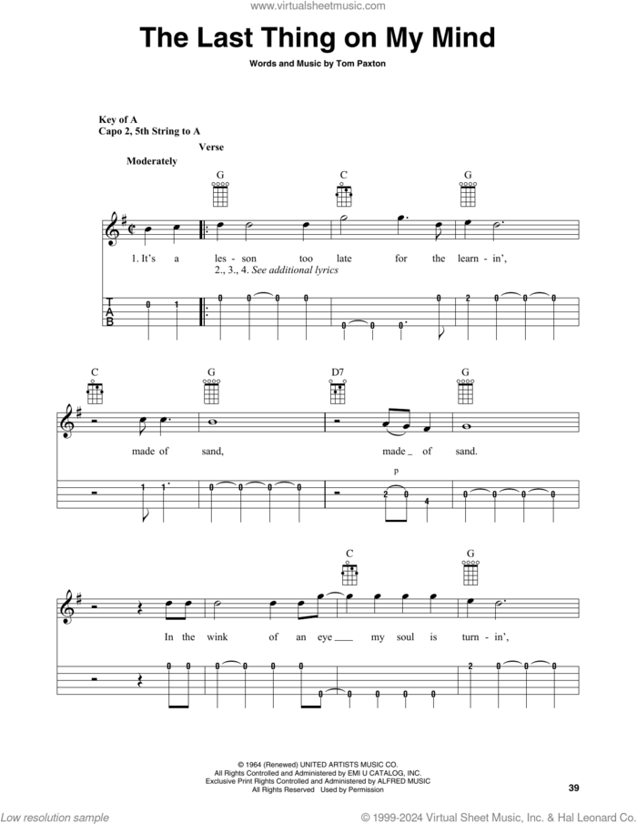 The Last Thing On My Mind (arr. Fred Sokolow) sheet music for banjo solo by Tom Paxton and Fred Sokolow, intermediate skill level