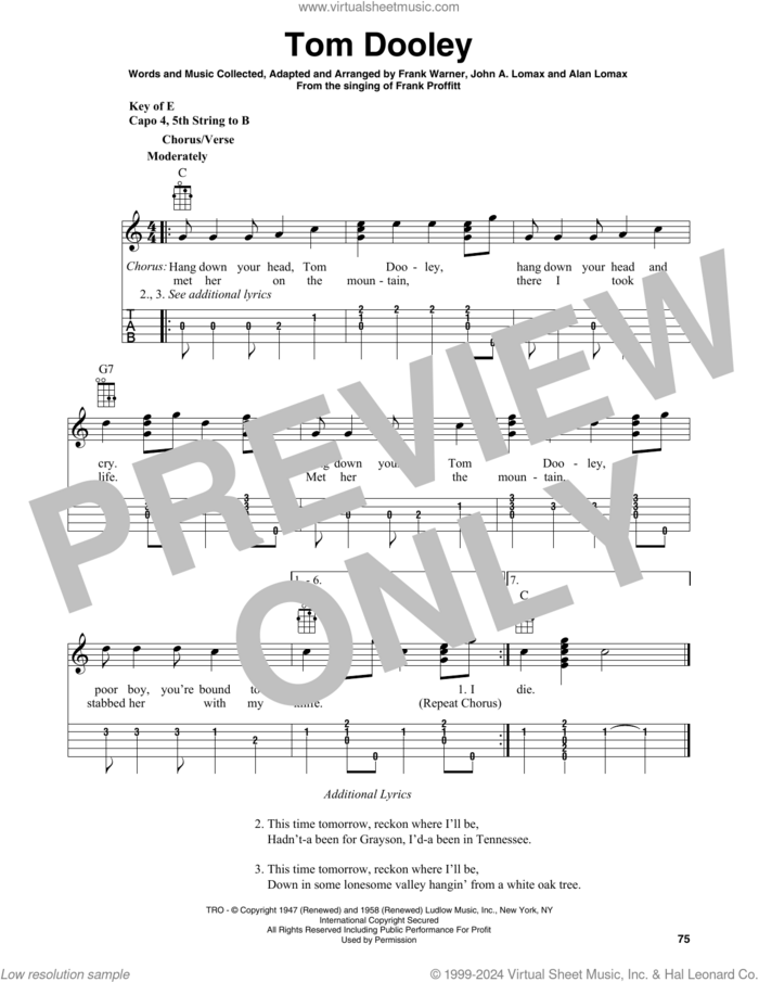 Tom Dooley (arr. Fred Sokolow) sheet music for banjo solo by Kingston Trio, Fred Sokolow, Frank Warner and John A. Lomax, intermediate skill level