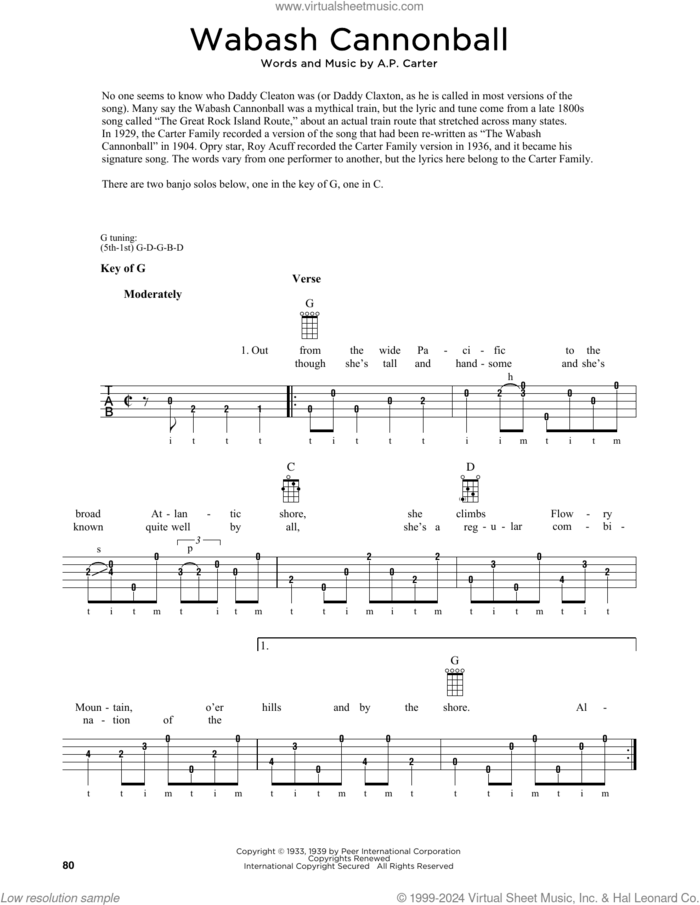Wabash Cannonball (arr. Fred Sokolow) sheet music for banjo solo by The Carter Family, Fred Sokolow and A.P. Carter, intermediate skill level