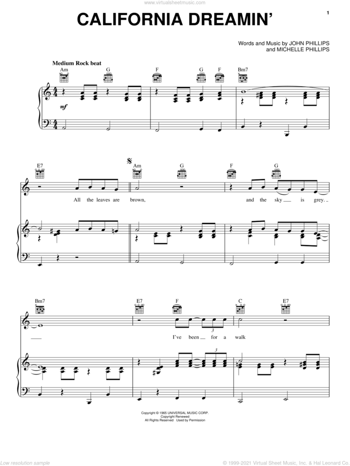 California Dreamin' sheet music for voice, piano or guitar by The Mamas & The Papas, John Phillips and Michelle Phillips, intermediate skill level