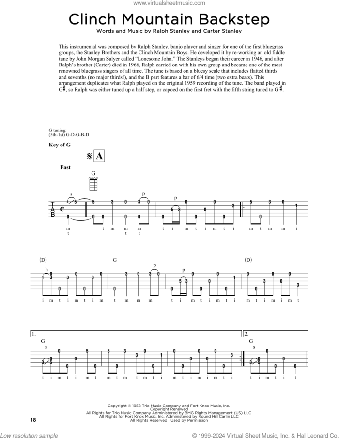 Clinch Mountain Backstep (arr. Fred Sokolow) sheet music for banjo solo by The Stanley Brothers, Fred Sokolow and Carter Stanley, intermediate skill level