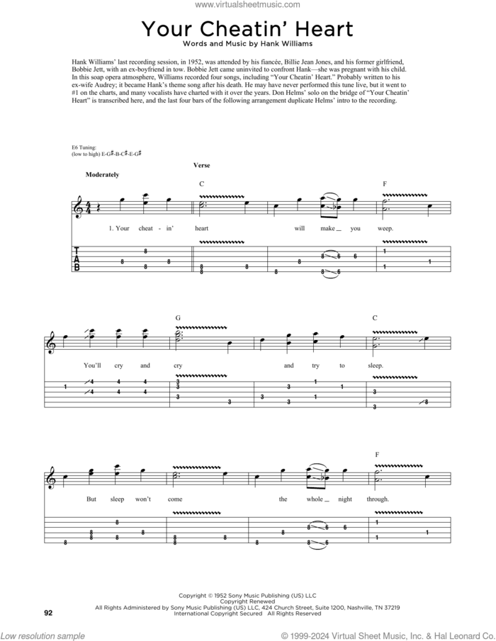 Your Cheatin' Heart sheet music for guitar (tablature) by Hank Williams and Patsy Cline, intermediate skill level
