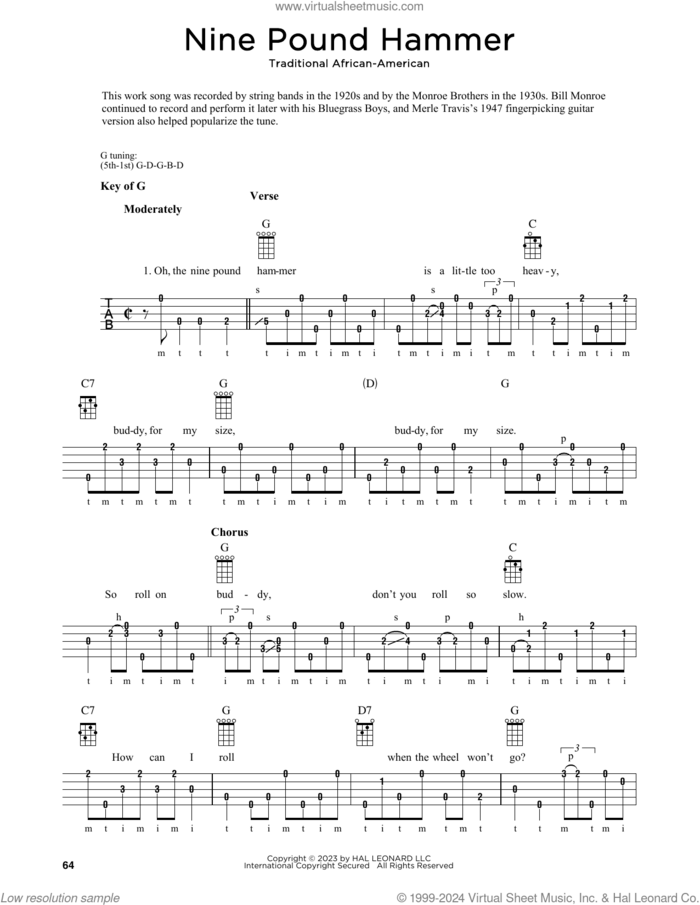 Nine Pound Hammer (arr. Fred Sokolow) sheet music for banjo solo by Traditional African-American and Fred Sokolow, intermediate skill level