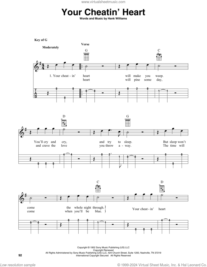 Your Cheatin' Heart (arr. Fred Sokolow) sheet music for banjo solo by Hank Williams, Fred Sokolow and Patsy Cline, intermediate skill level