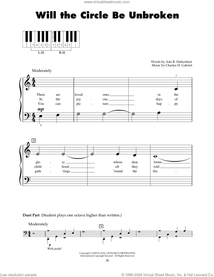 Will The Circle Be Unbroken sheet music for piano solo (5-fingers) by Charles H. Gabriel and Ada R. Habershon, beginner piano (5-fingers)